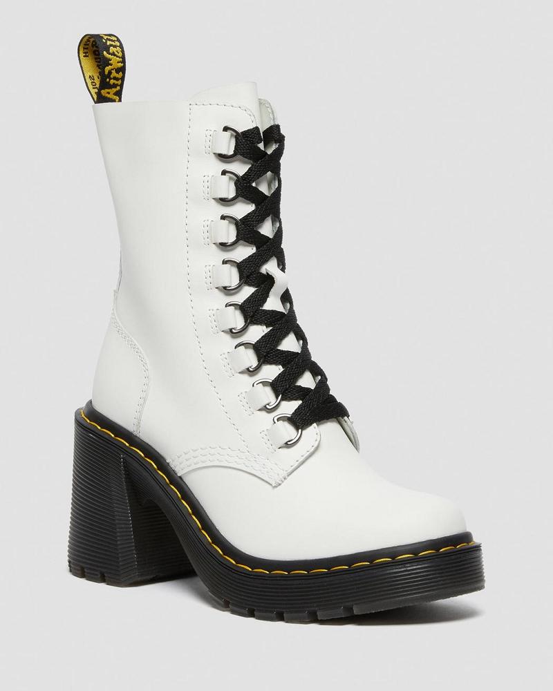Dr Martens Chesney Lær Flared Heel Støvler Med Hæl Dame Hvite | Norge 633RVD